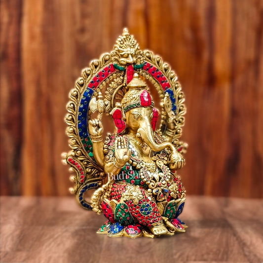 Ganapati Brass statue with Stonework 15 inch mosaic stone
