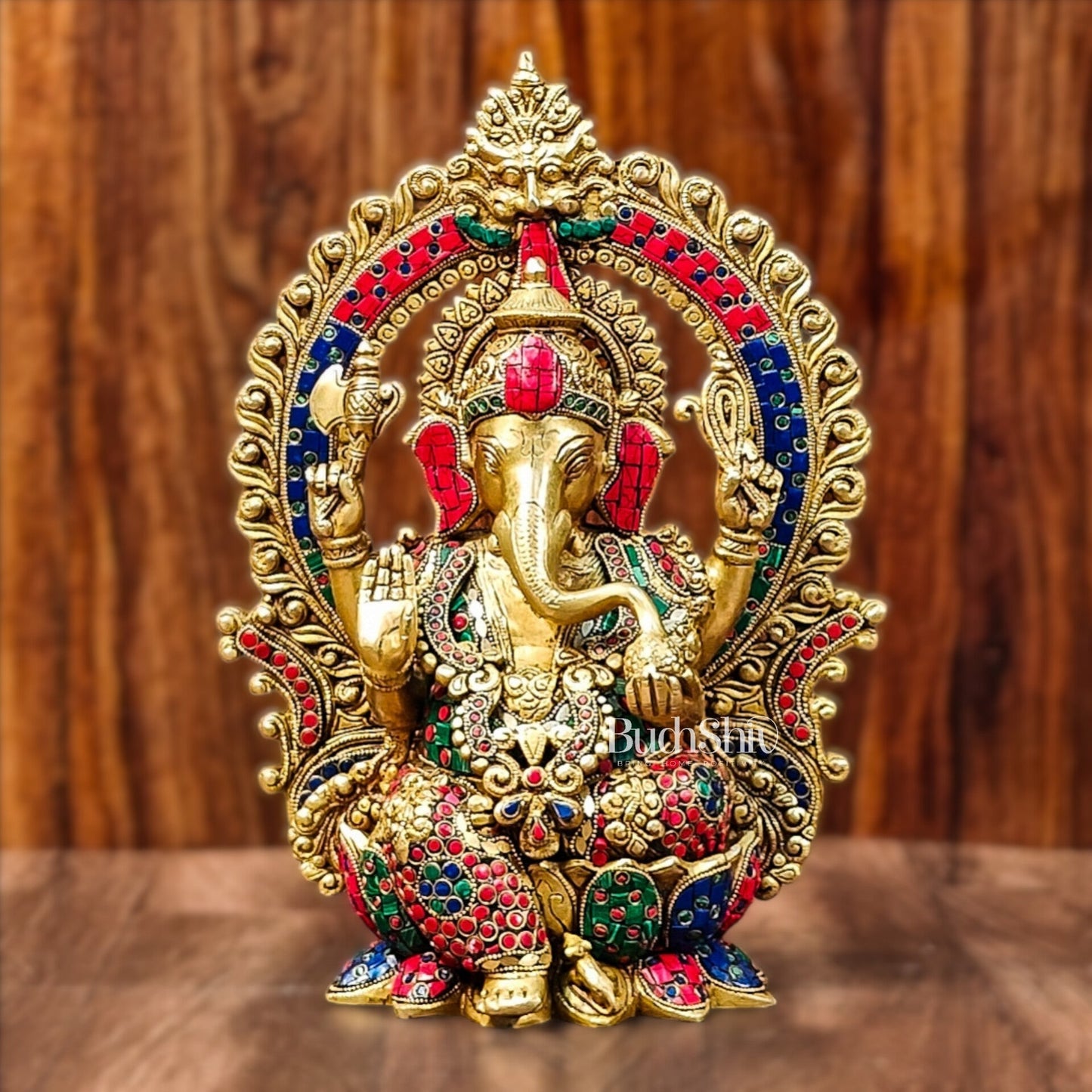 Ganapati Brass statue with Stonework 15 inch mosaic stone