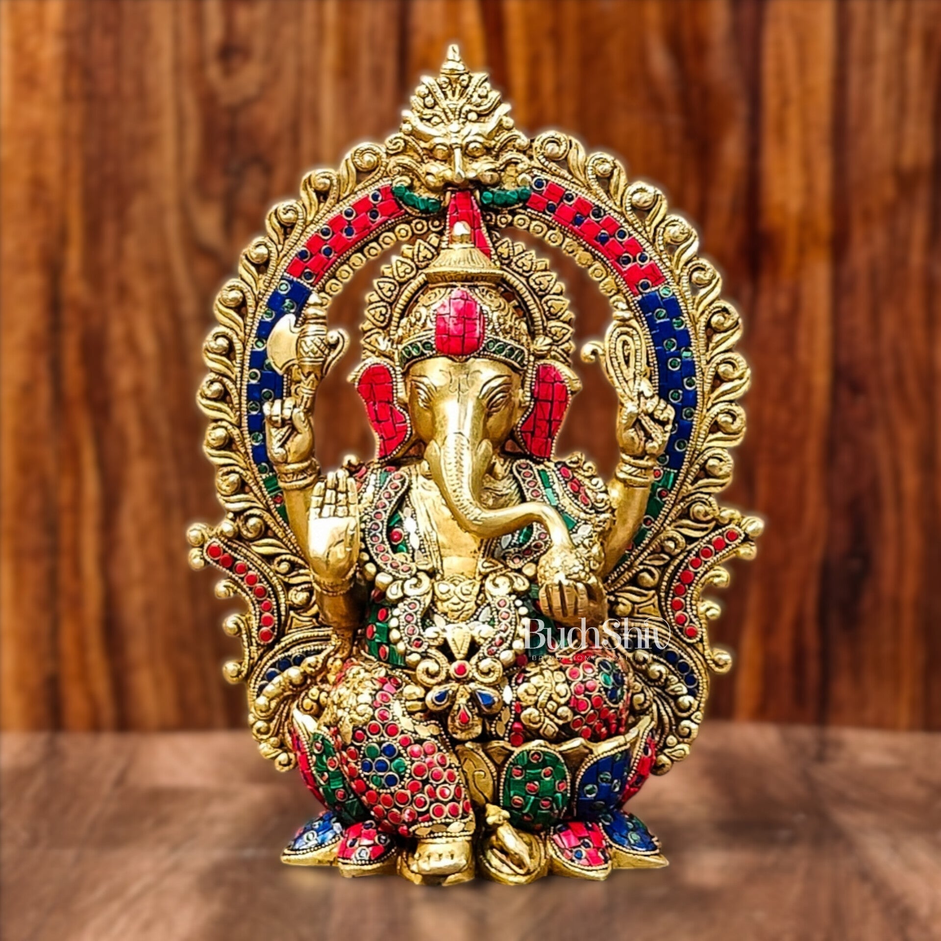 Ganapati Brass statue with Stonework 15 inch mosaic stone
