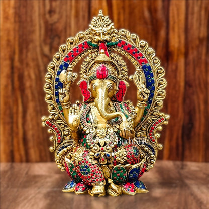 Ganapati Brass statue with Stonework 15 inch mosaic stone
