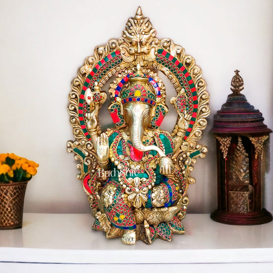 Ganapati Brass statue with Stonework 15 inch unique stonework