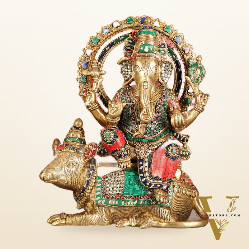 Ganapati sitting on large mouse brass statue 16"