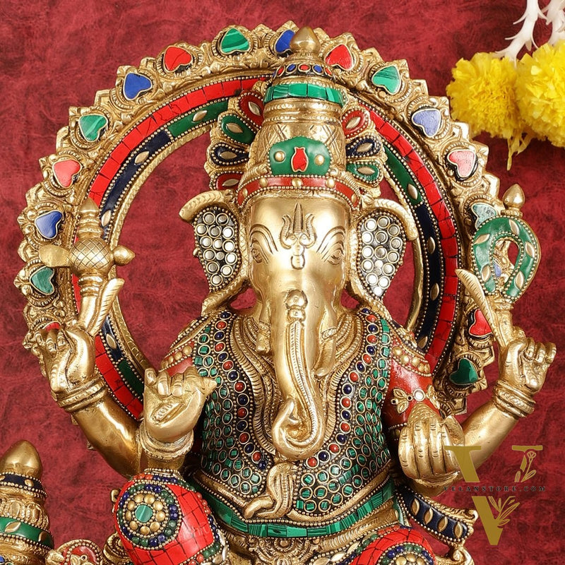 Ganapati sitting on large mouse brass statue 16"