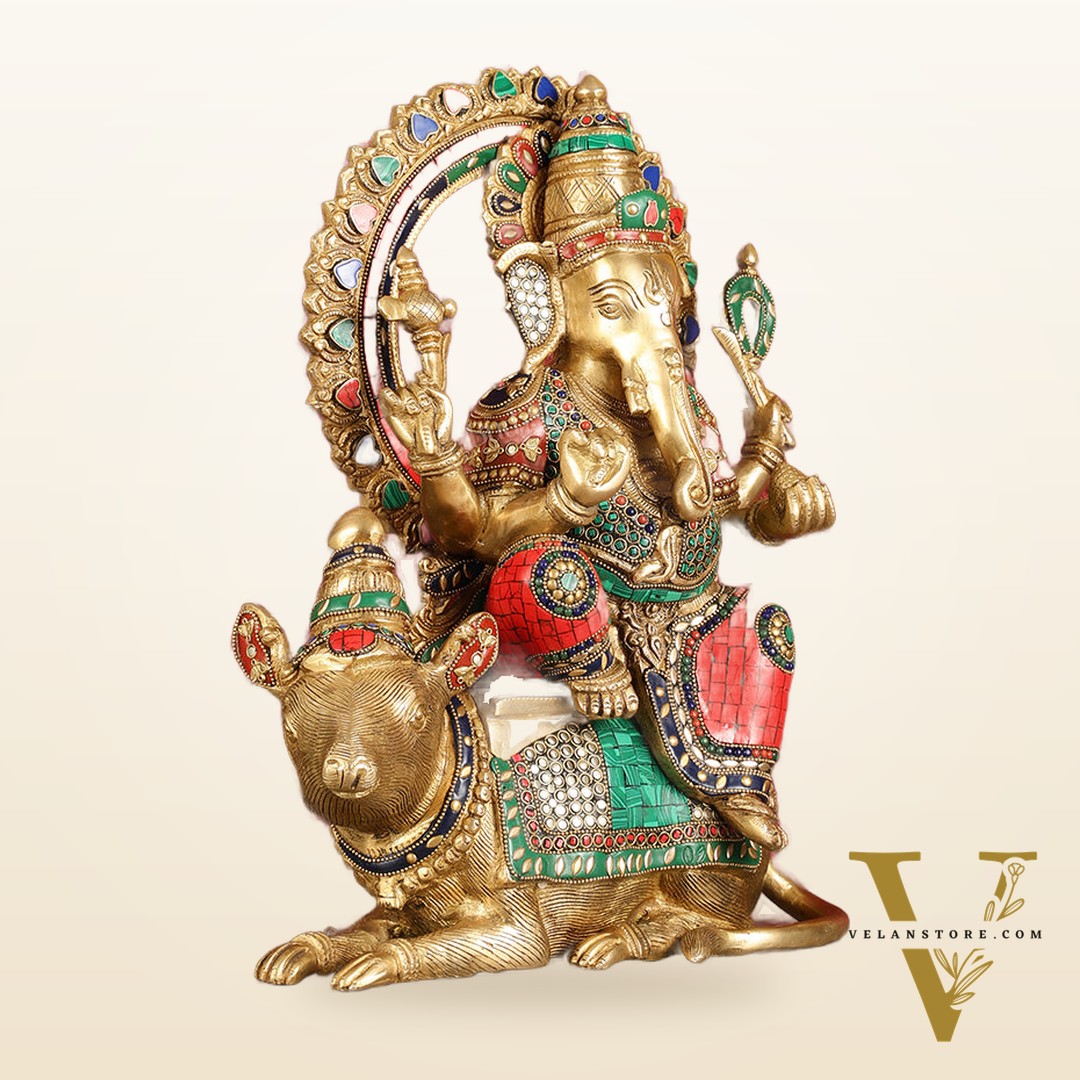 Ganapati sitting on large mouse brass statue 16"