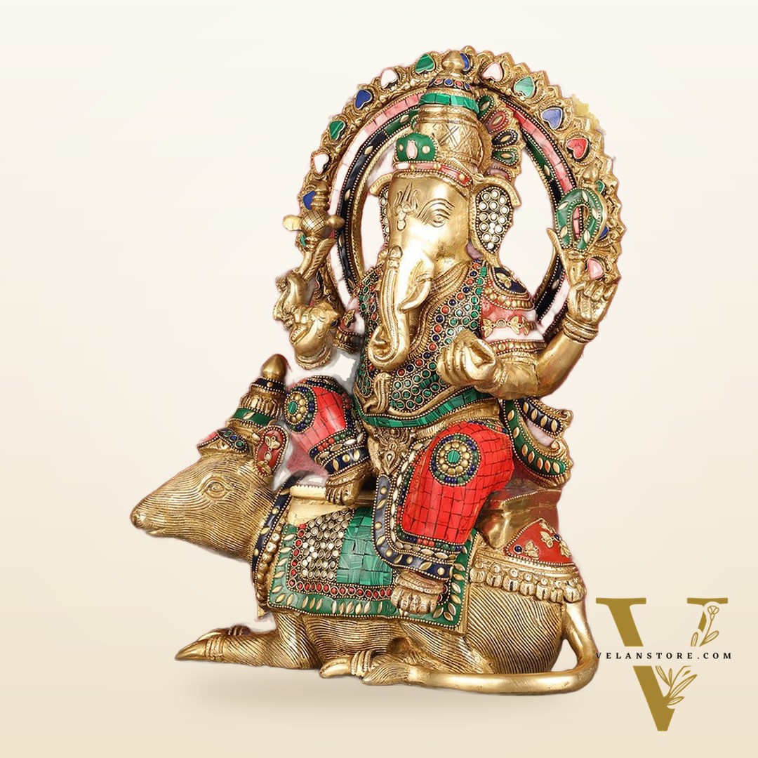 Ganapati sitting on large mouse brass statue 16"