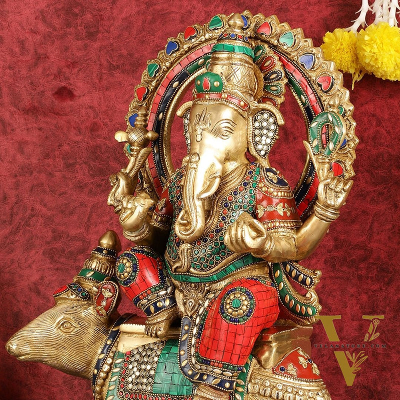 Ganapati sitting on large mouse brass statue 16"