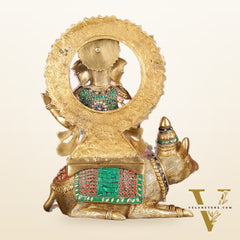 Ganapati sitting on large mouse brass statue 16"