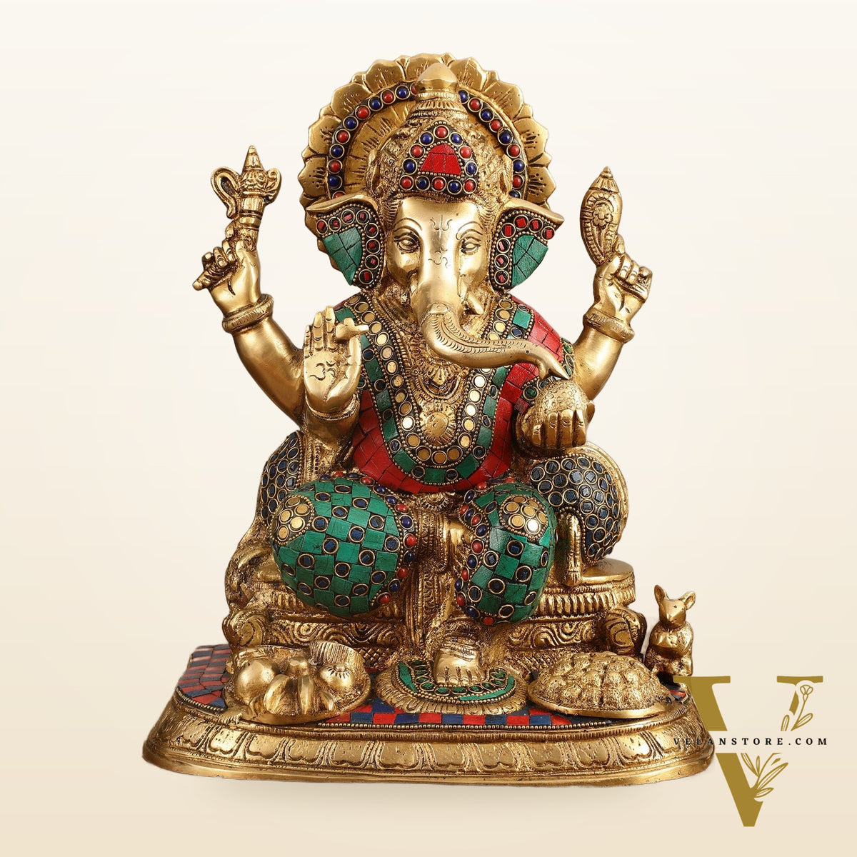 Ganapati Superfine Brass Idol with Spectacular Stonework - 13 Inch