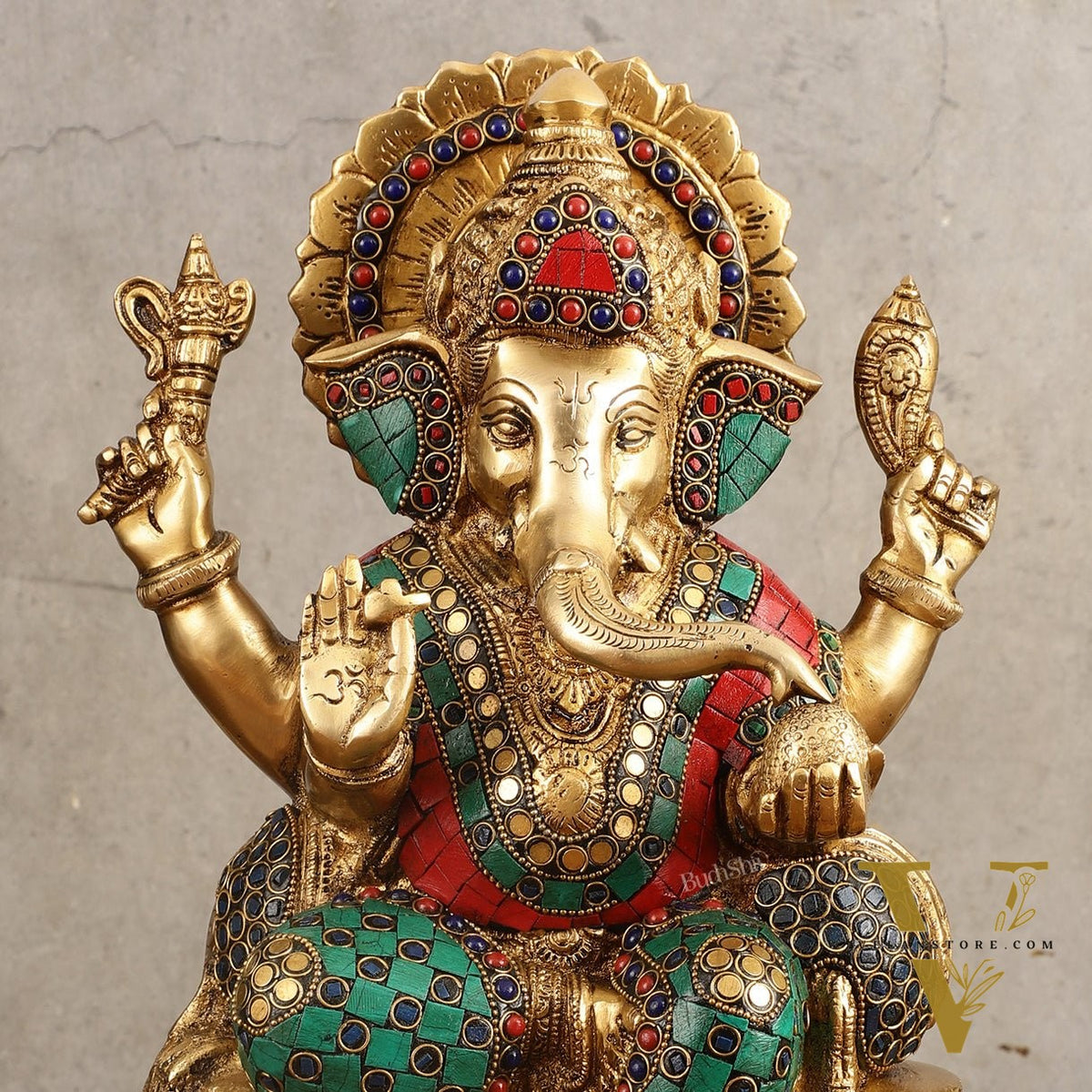 Ganapati Superfine Brass Idol with Spectacular Stonework - 13 Inch