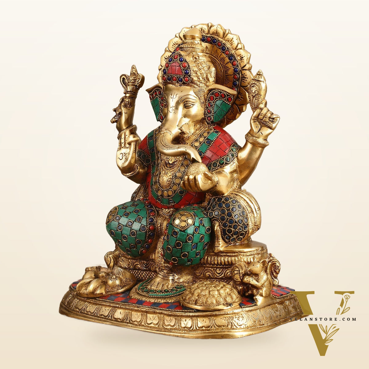 Ganapati Superfine Brass Idol with Spectacular Stonework - 13 Inch