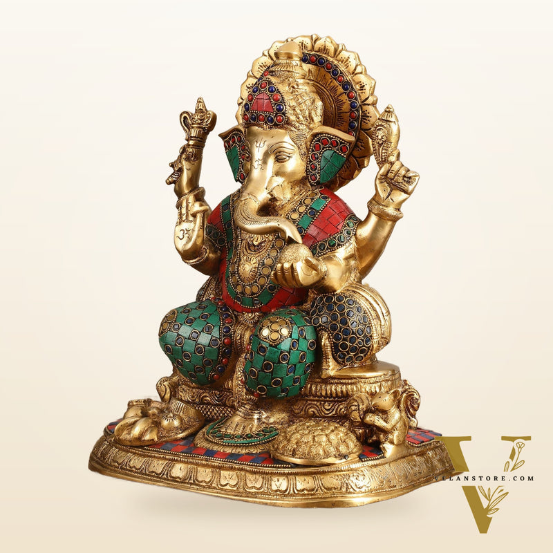 Ganapati Superfine Brass Idol with Spectacular Stonework - 13 Inch