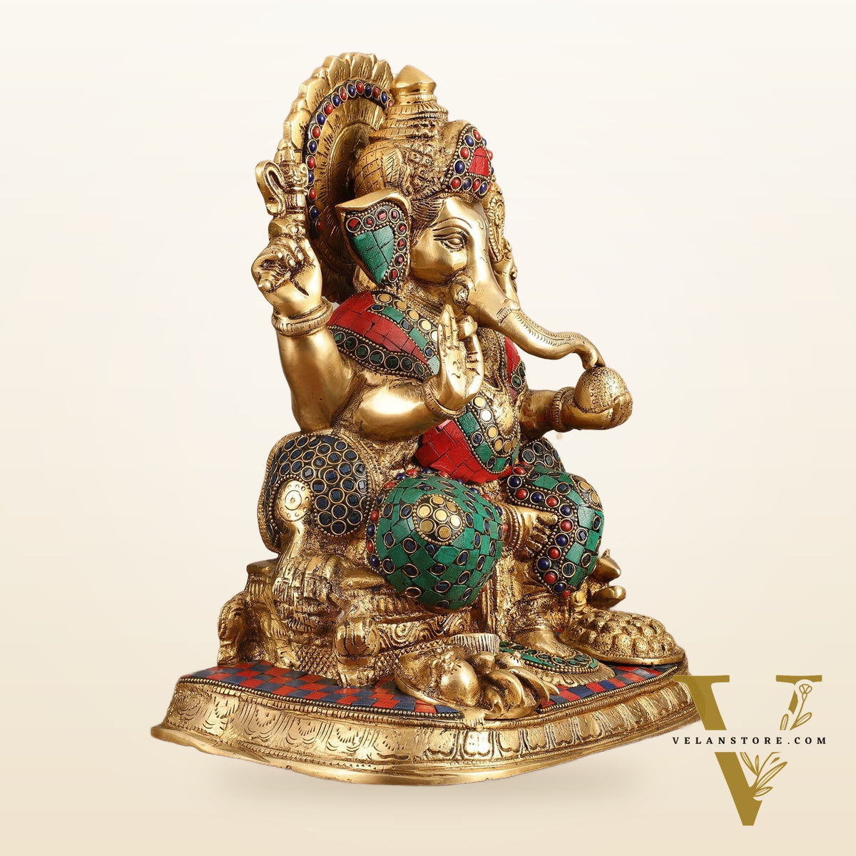 Ganapati Superfine Brass Idol with Spectacular Stonework - 13 Inch