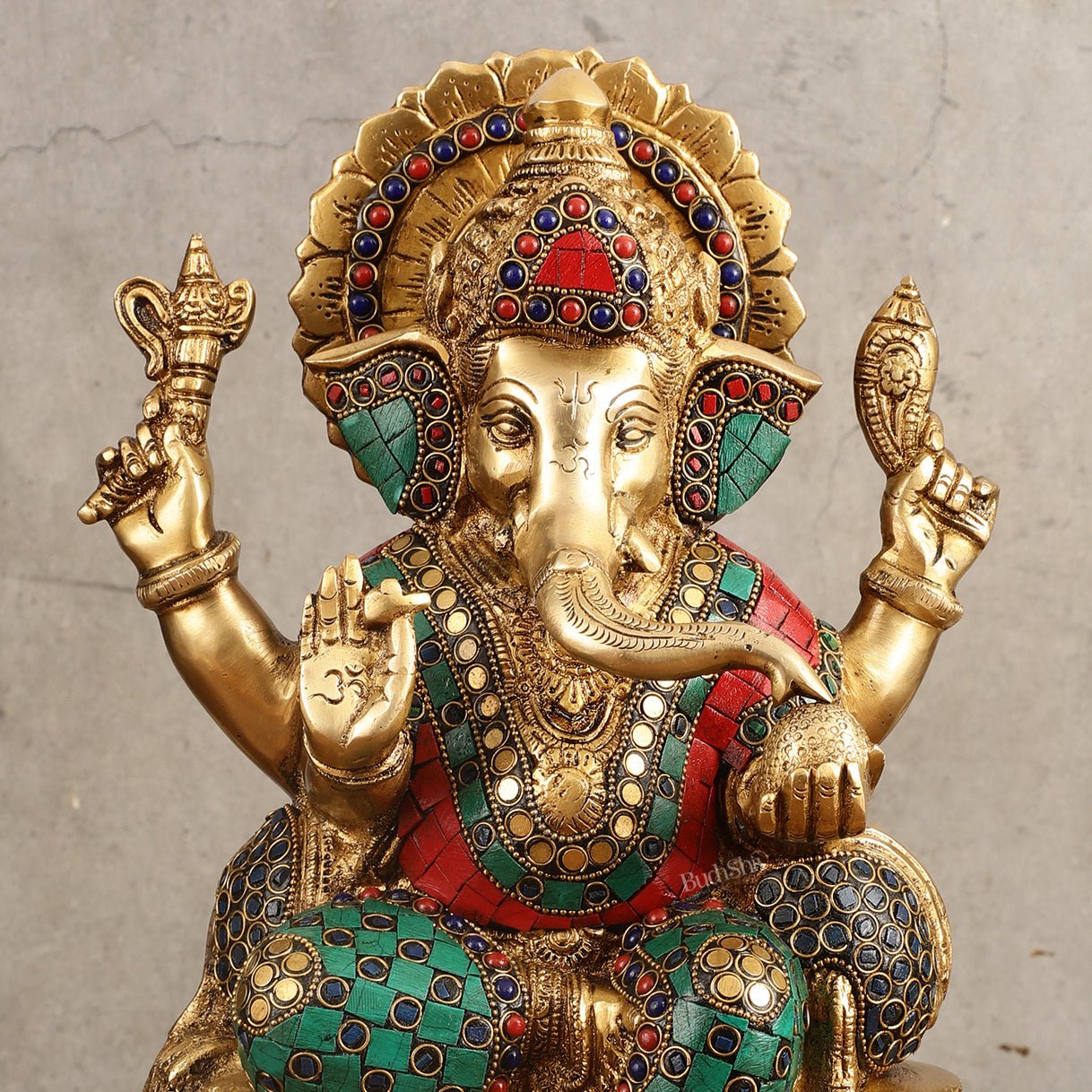 Ganapati Superfine Brass Idol with Spectacular Stonework - 13 Inch