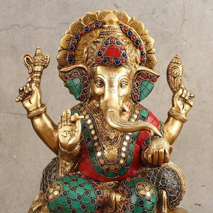Ganapati Superfine Brass Idol with Spectacular Stonework - 13 Inch