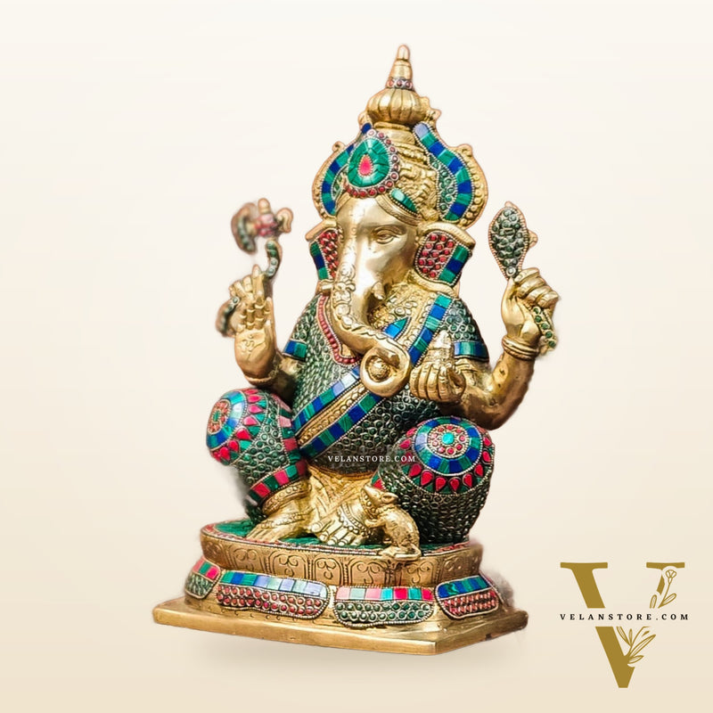 Ganesh Brass idol seated on a beautiful base 16 inches