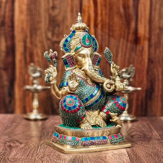 Ganesh Brass idol seated on a beautiful base 16 inches