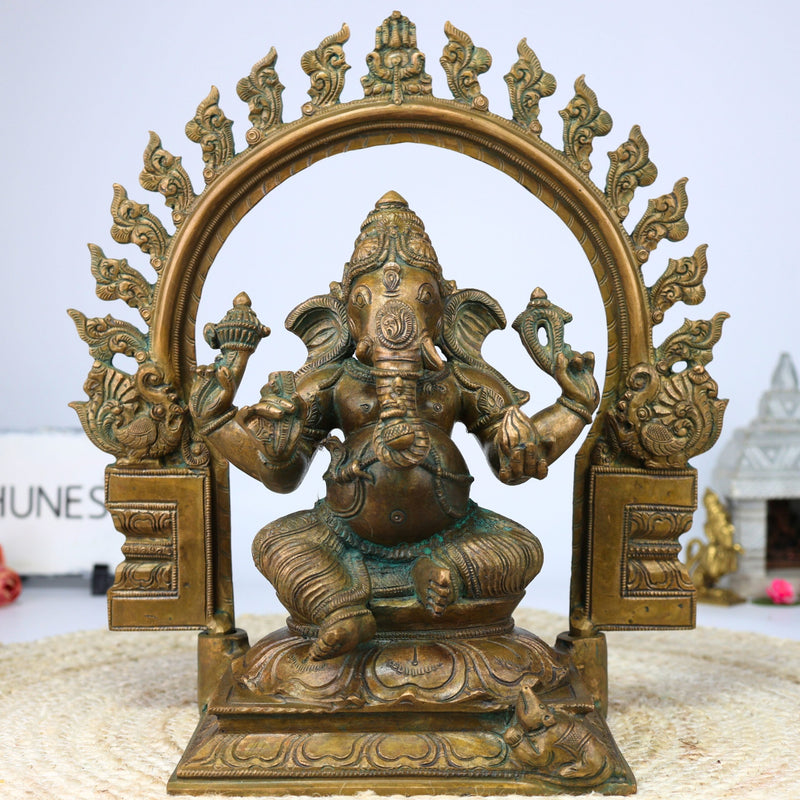 Handmade Panchaloha Ganapati Murti with Prabhavali, Bronze Panchadhatu Ganesha Idol for Home, Temple & Puja, Vighnaharta Vigraha, Brown, 13 Inch, 1 Piece