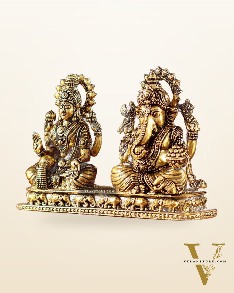 Ganesh Lakshmi Brass Idol on Same Base - Intricate Superfine, 3"