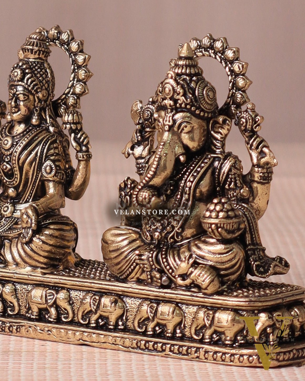 Ganesh Lakshmi Brass Idol on Same Base - Intricate Superfine, 3"