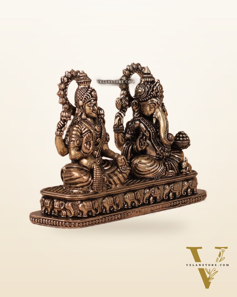 Ganesh Lakshmi Brass Idol on Same Base - Intricate Superfine, 3"