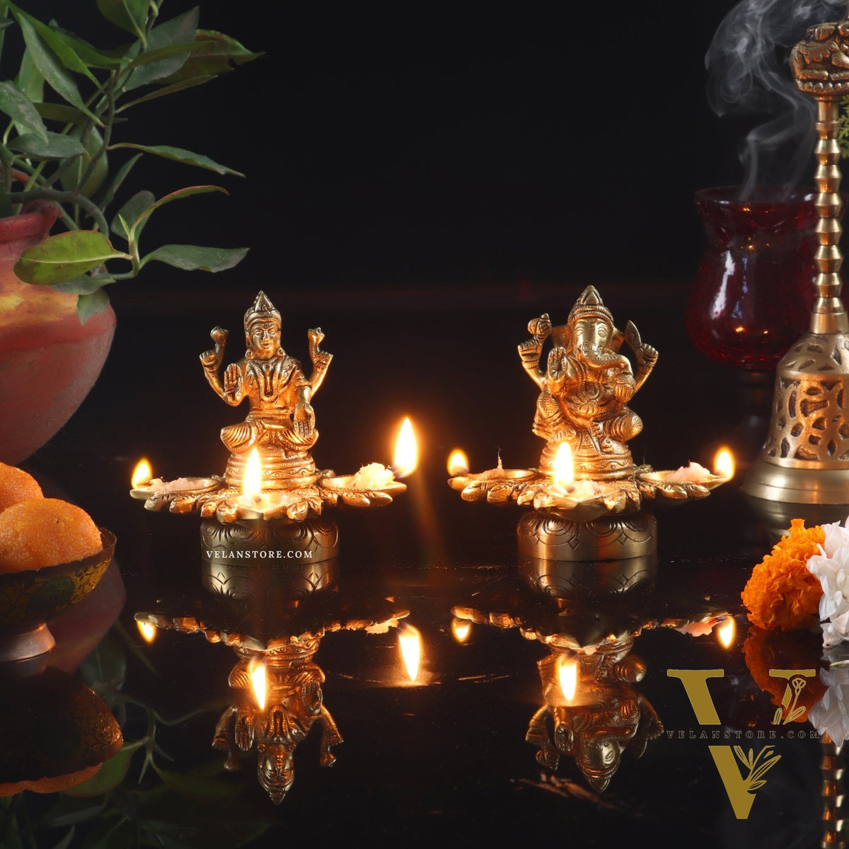 Ganesh Lakshmi Brass Lamp 5" shiny