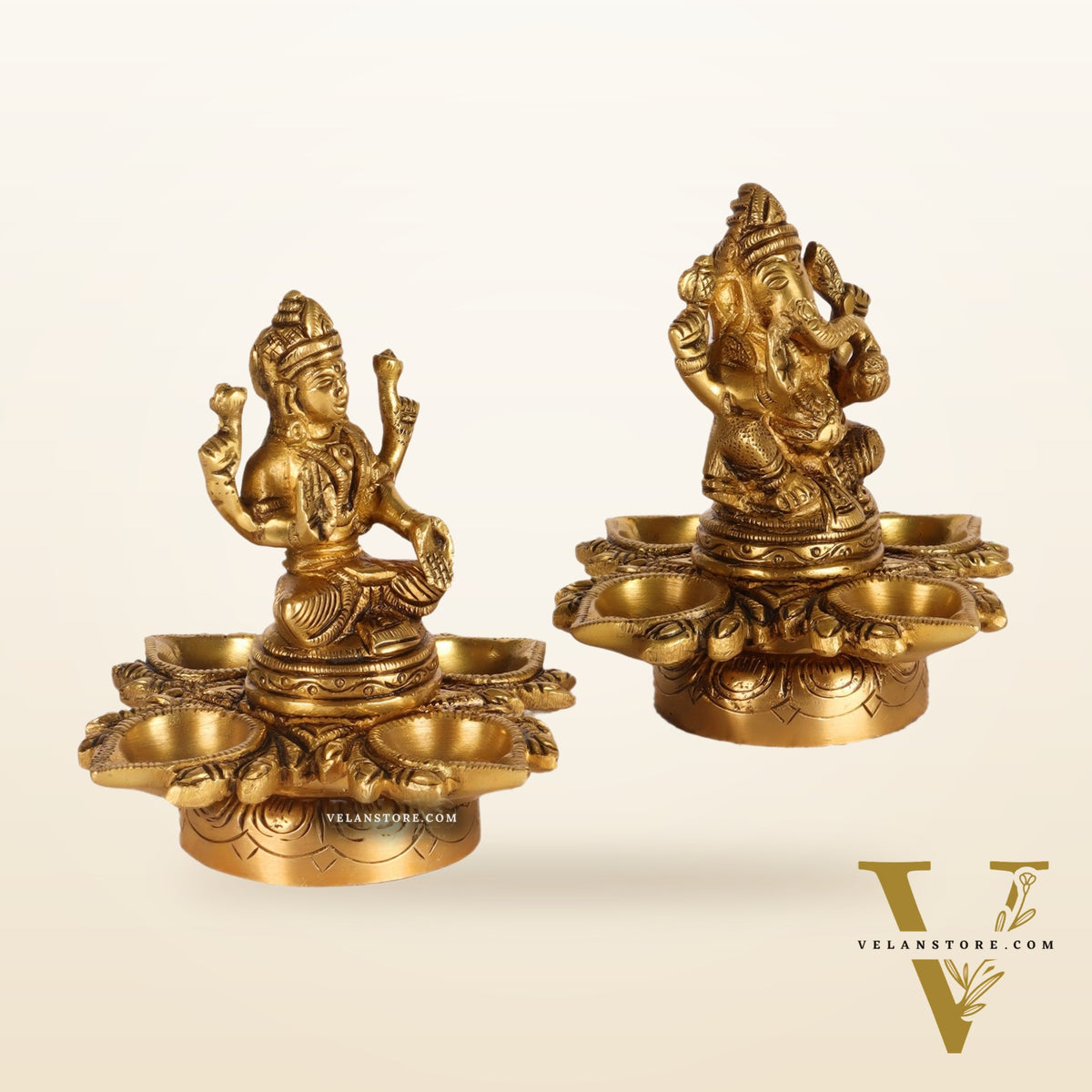 Ganesh Lakshmi Brass Lamp 5" shiny