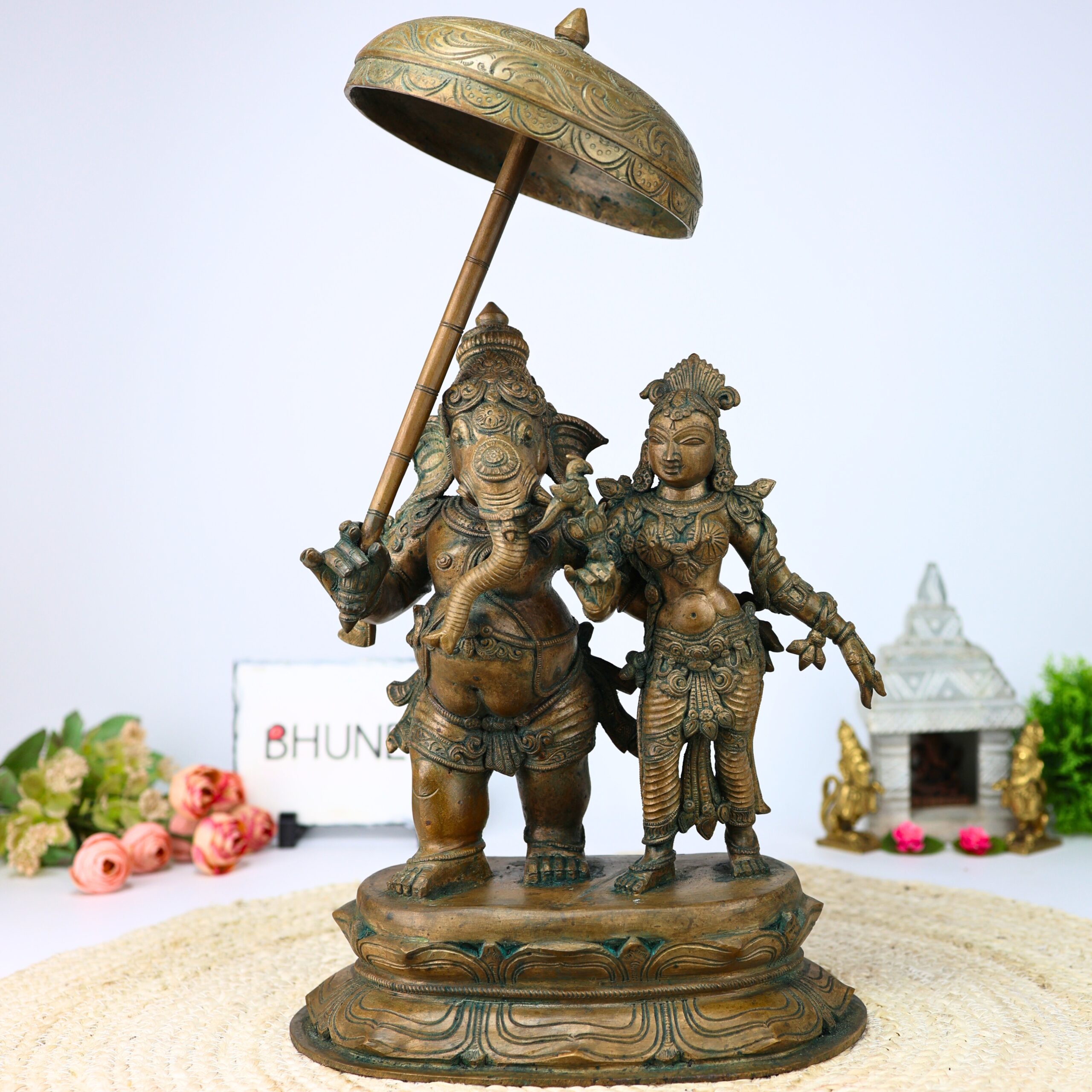 Exquisite Panchaloha Mahaganapati Idol with Shakti, Bronze Ganesh Vigraha, Panchadhatu Ganesh Ji Murti for Pooja, Temple & Home Decor,Brown, 18.5 Inch, 1 Piece