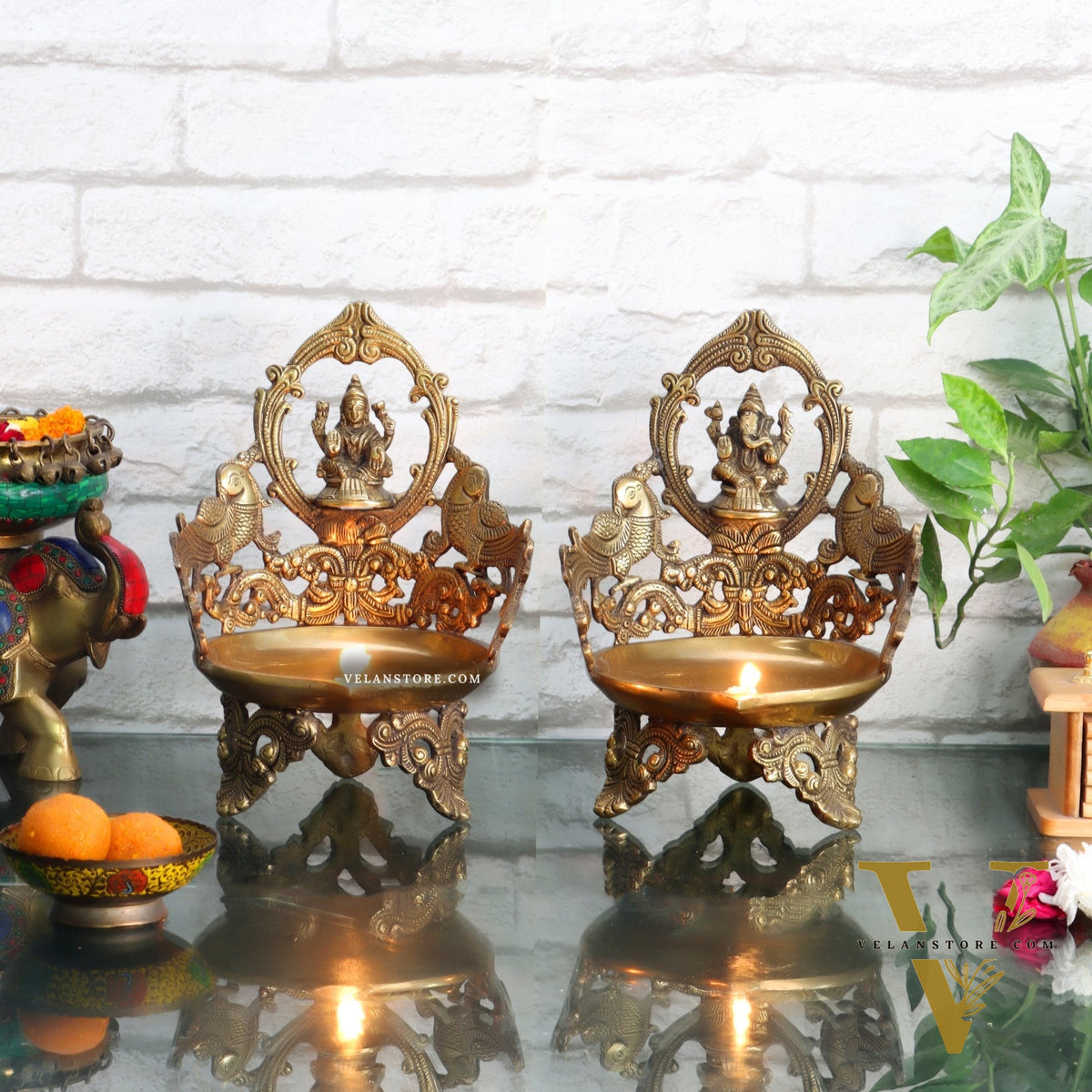 Ganesha and Lakshmi Brass Urli Lamp dull gold