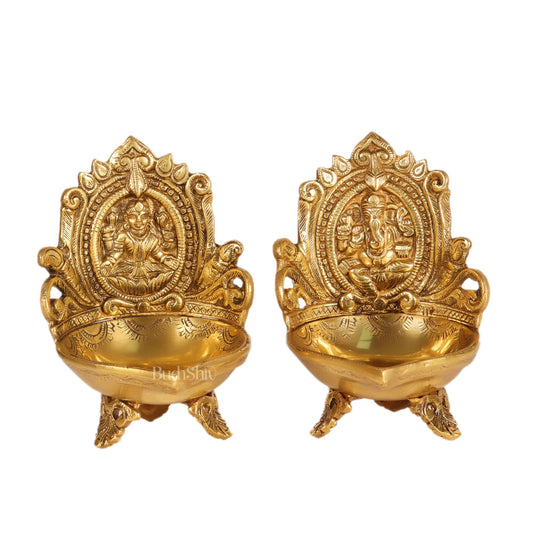 Ganesha and Lakshmi engraved brass oil deep 7 "