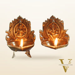 Ganesha and Lakshmi engraved brass oil deep 7 "