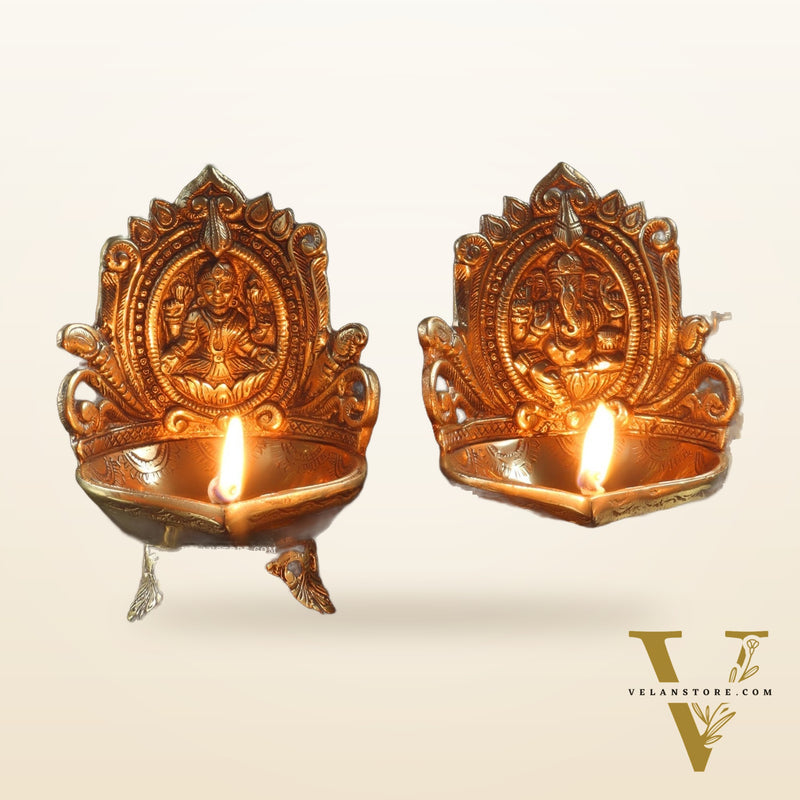 Ganesha and Lakshmi engraved brass oil deep 7 "
