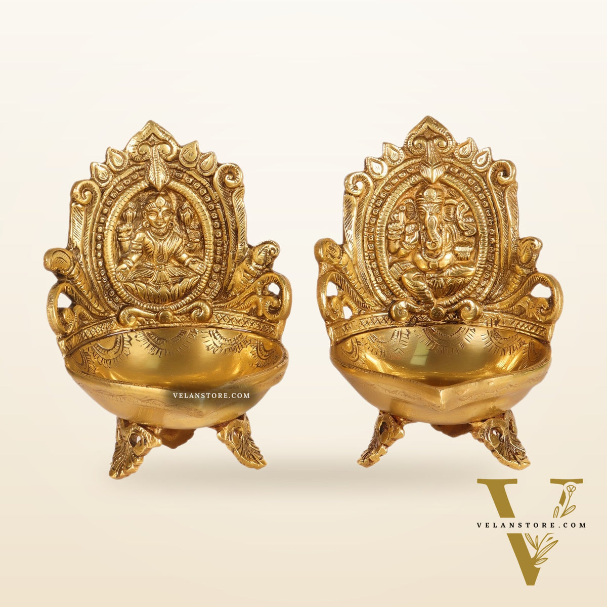 Ganesha and Lakshmi engraved brass oil deep 7 "