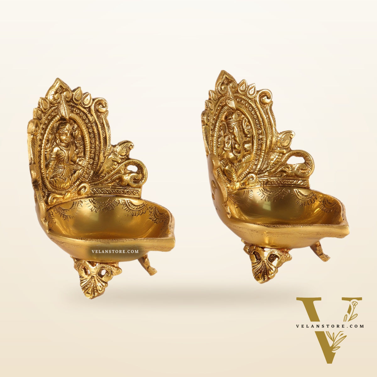 Ganesha and Lakshmi engraved brass oil deep 7 "