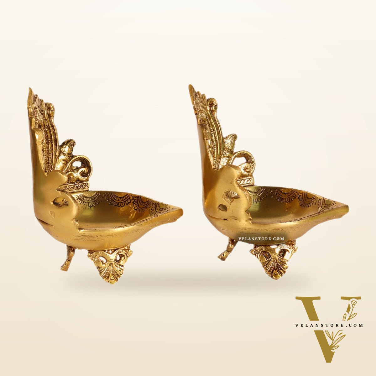 Ganesha and Lakshmi engraved brass oil deep 7 "