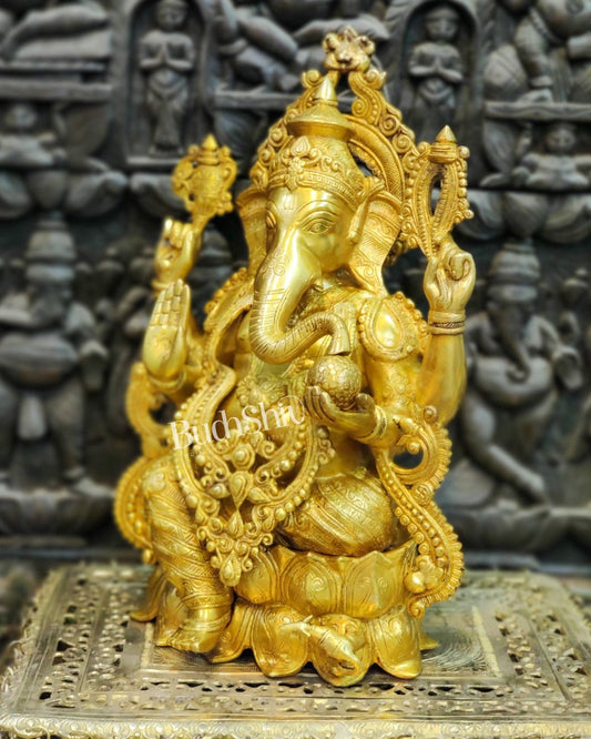 Handcrafted Brass Ganesha Idol: Seated on Lotus Pedestal 21"
