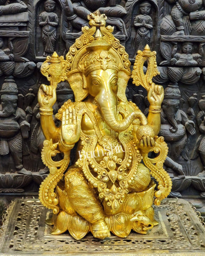 Handcrafted Brass Ganesha Idol: Seated on Lotus Pedestal 21"
