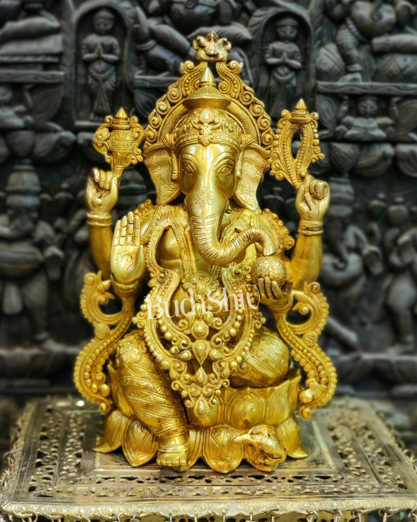 Handcrafted Brass Ganesha Idol: Seated on Lotus Pedestal 21"
