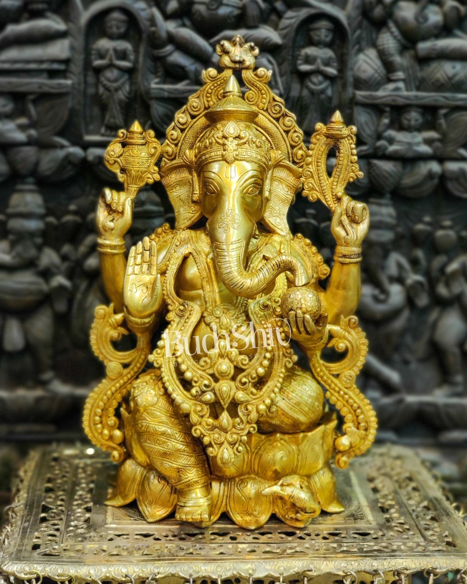 Handcrafted Brass Ganesha Idol: Seated on Lotus Pedestal 21"