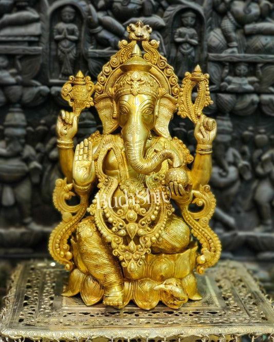 Handcrafted Brass Ganesha Idol: Seated on Lotus Pedestal 21"
