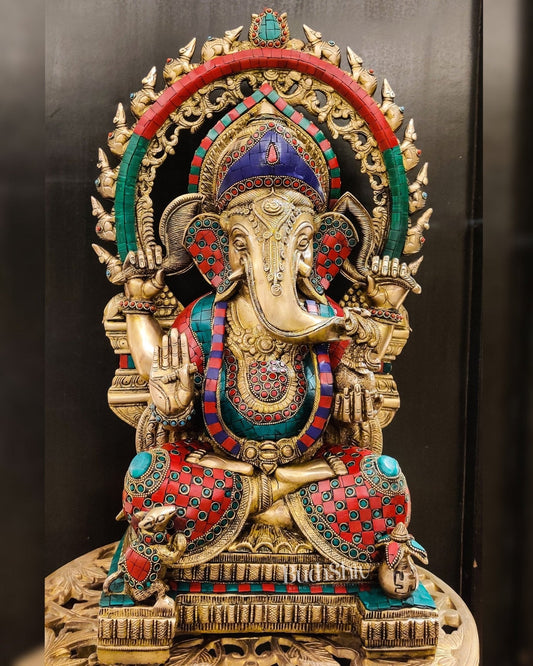 Brass Ganesha Idol: Unique Prabhavali with Carved Mice 21 inch