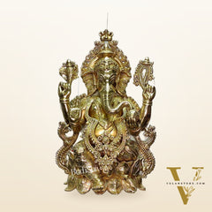 Ganesha Brass Idol 21 inches high seated on a lotus base lacquer coated