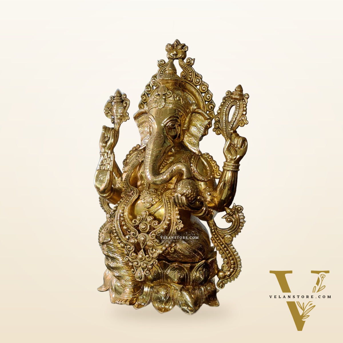 Ganesha Brass Idol 21 inches high seated on a lotus base lacquer coated