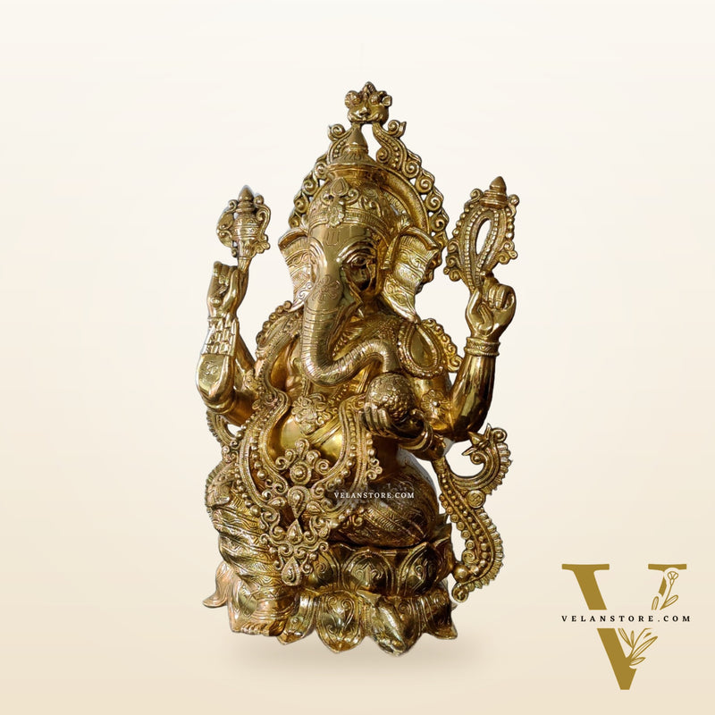 Ganesha Brass Idol 21 inches high seated on a lotus base lacquer coated
