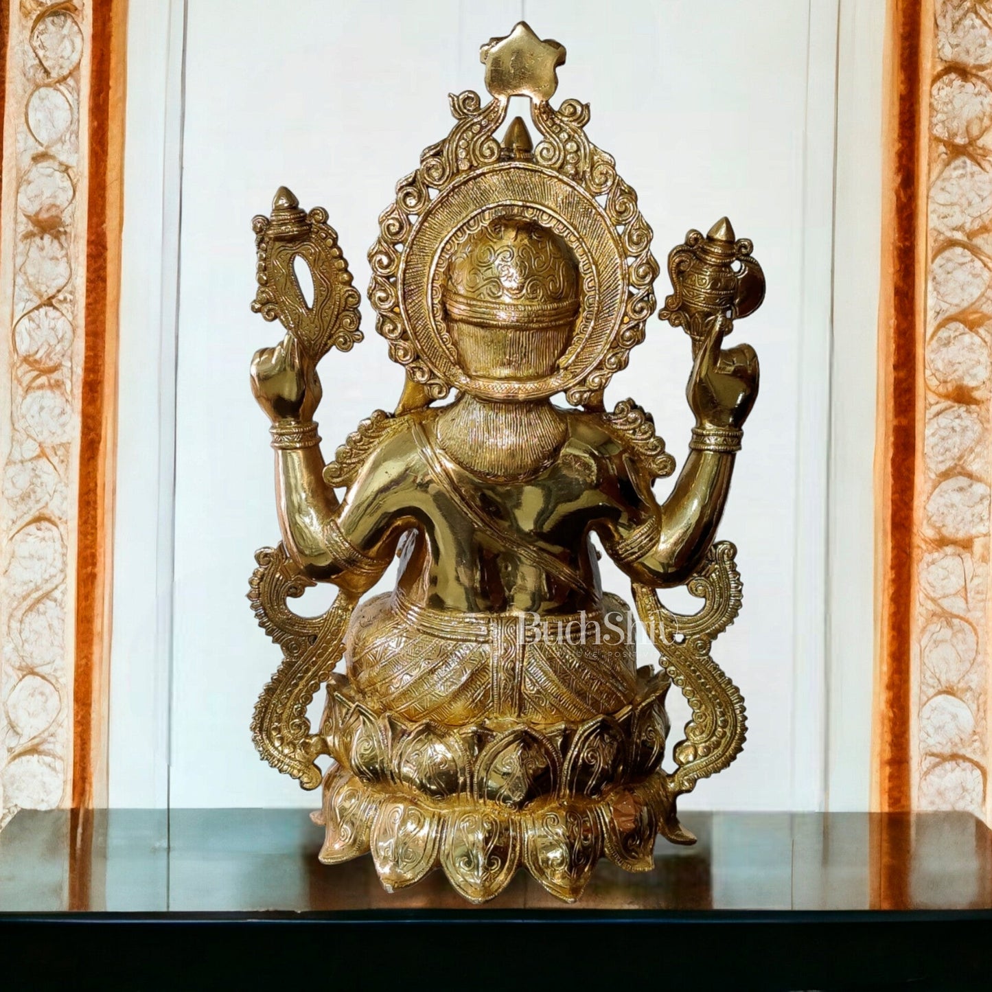 Ganesha Brass Idol 21 inches high seated on a lotus base lacquer coated