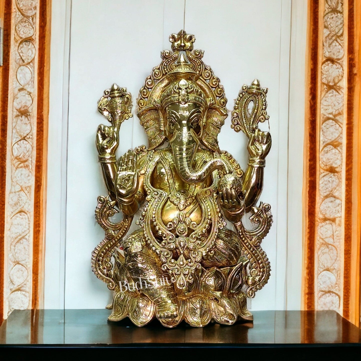Ganesha Brass Idol 21 inches high seated on a lotus base lacquer coated