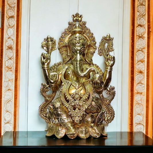 Ganesha Brass Idol 21 inches high seated on a lotus base lacquer coated