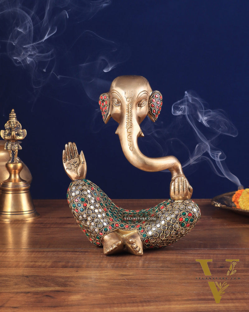 Ganesha Brass Idol Abstract with stonework 8.5 inch