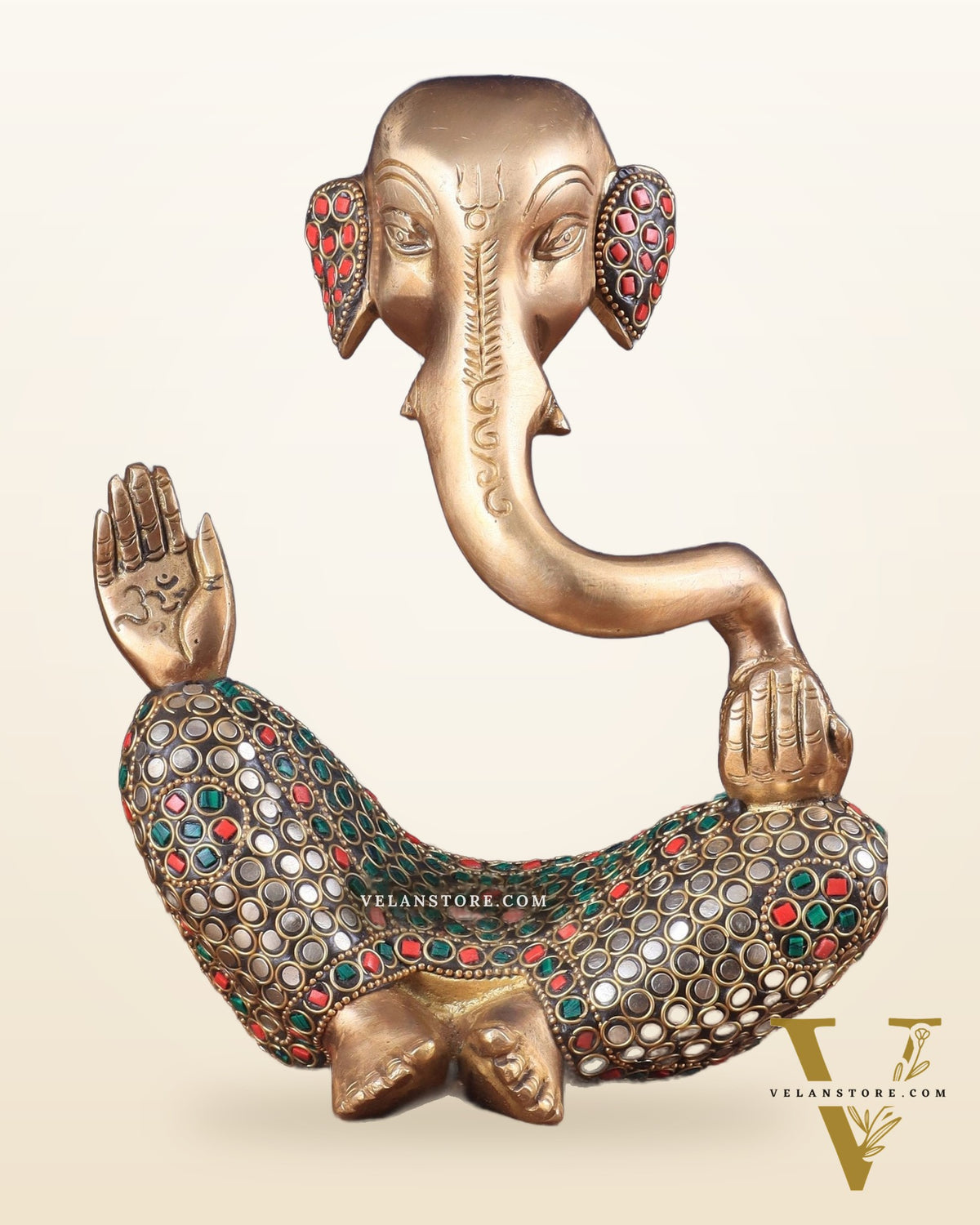 Ganesha Brass Idol Abstract with stonework 8.5 inch
