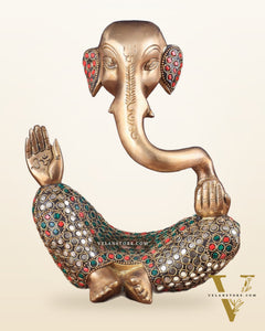 Ganesha Brass Idol Abstract with stonework 8.5 inch