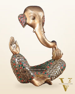 Ganesha Brass Idol Abstract with stonework 8.5 inch